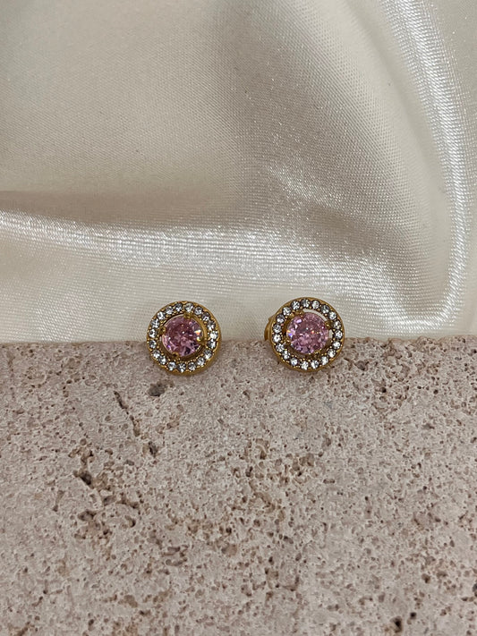 Boucles d’oreilles puces rondes oxydes de zirconium rose